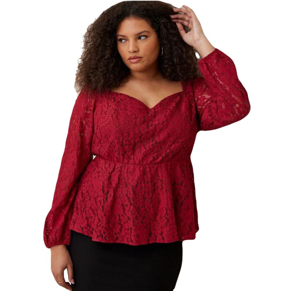 NWT TORRID Top 2X Burgundy Lace Flounce Puff-Balloon-Long-Sleeve Stretch Zip